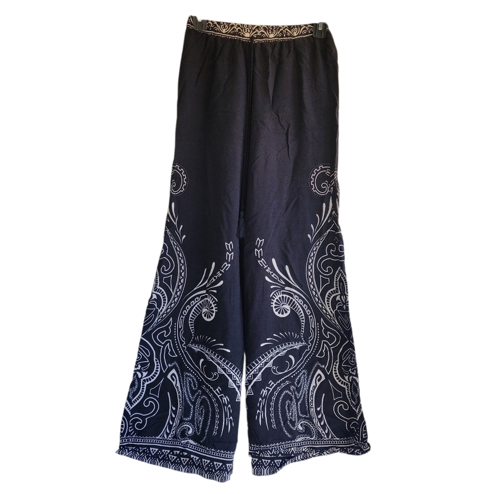 Flying Tomato Boho Wide Leg Flowy Floral Pants w Tassels Black Womens Small